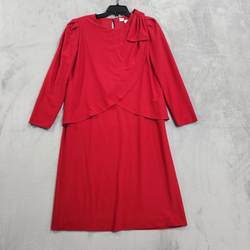 Vintage Lady Carol Petites Dress Womens 14P‎ Red Bow Long Sleeve Sheath Party